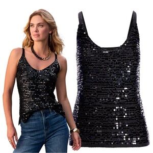 Boston Proper V-neck Sequin Glamour Black Sweater Tank NEW Size Medium